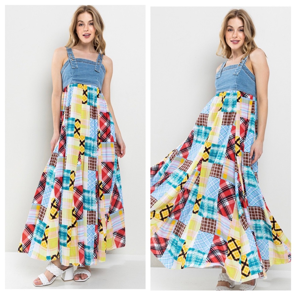 24 Fabulous Denim Multi Fabric Pleated Suspender Maxi Dress - Picture 4 of 5